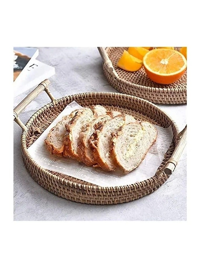3-Piece Round Woven Serving Tray with Handles Brown 22, 24, 28cm - Image 4