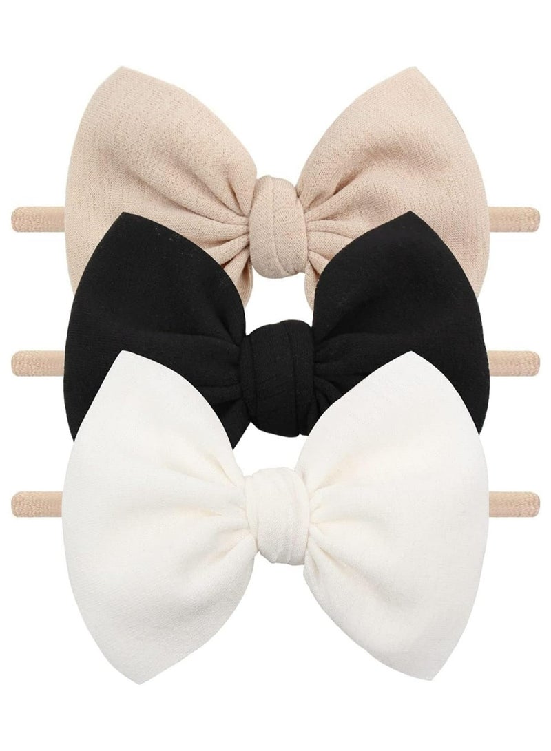 Loquat 3Pcs Nylon Baby Girls Headbands, Newborn Bows Elastic Hairbands, Big Bows Children Hairbands, Stretchy Soft Hair Accessories for Infant, Toddlers, Kids(Beige Black White) - Image 1