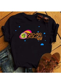 Zumba Floral Print Short Sleeve T-Shirt Womens Top Fashionable Casual Style round Neck Fit Type Polyester Fiber Modal Fabric 25-Black