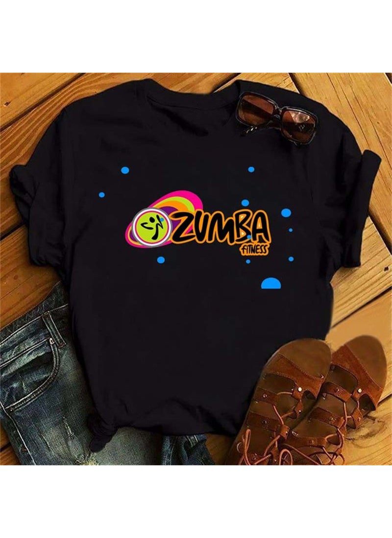 Generic - Zumba Floral Print Short Sleeve T-Shirt Womens Top Fashionable Casual Style round Neck Fit Type Polyester Fiber Modal Fabric 25-Black - Image 1