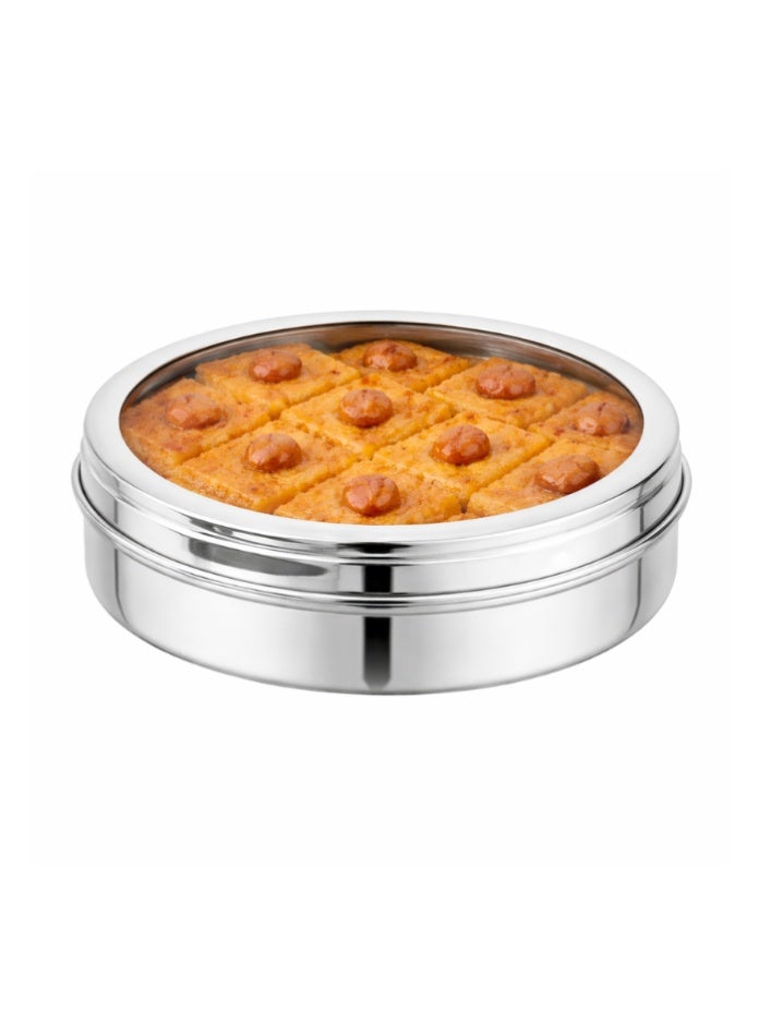 Ayda طقم من قطعتين صينية كعكة باسبوسة من الفولاذ المقاوم للصدأ مع غطاء زجاجي شفاف فضي 18.5 و 20.5 سم - Image 3