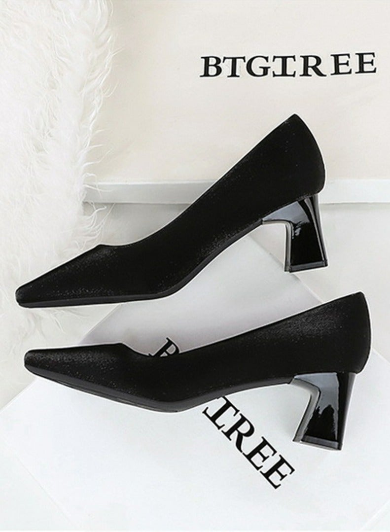 بيج تري المرأة سمينة منتصف الكعب مربع مغلق إصبع القدم مضخات الساتين الأسود 5CM - Image 3