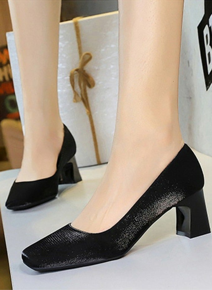 بيج تري المرأة سمينة منتصف الكعب مربع مغلق إصبع القدم مضخات الساتين الأسود 5CM - Image 4