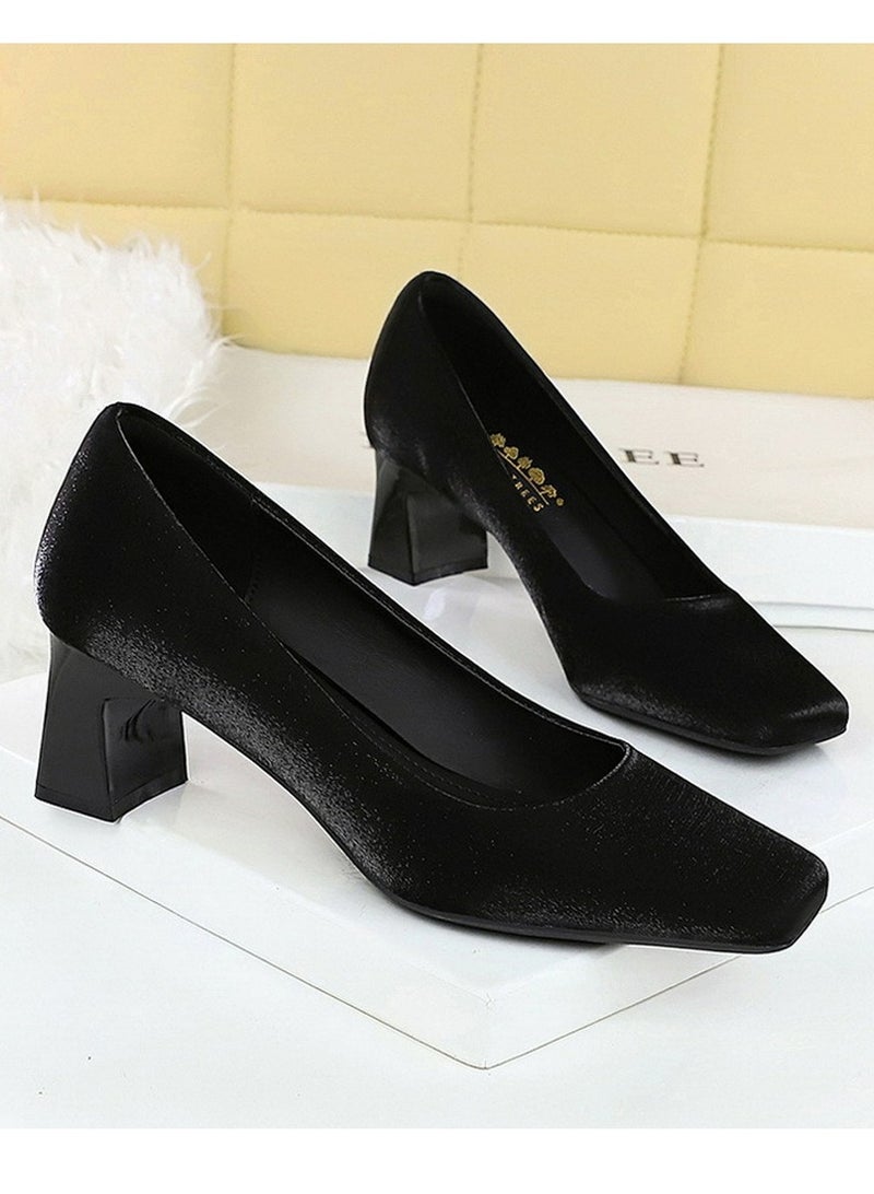 بيج تري المرأة سمينة منتصف الكعب مربع مغلق إصبع القدم مضخات الساتين الأسود 5CM - Image 2