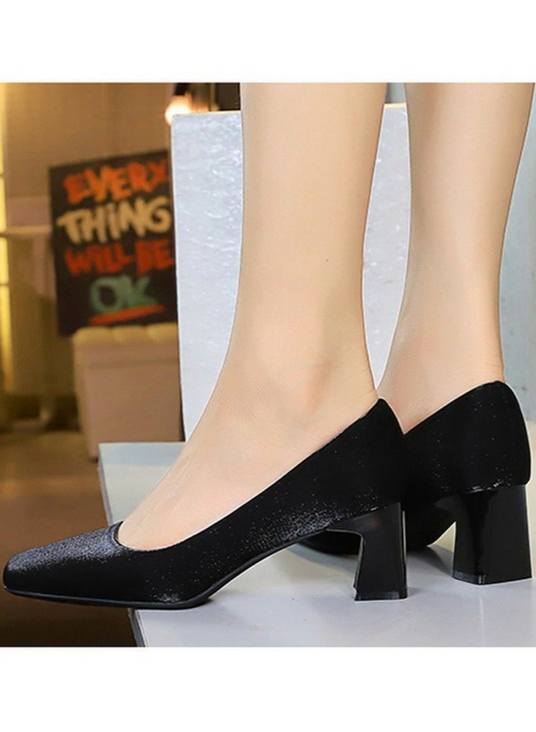 بيج تري المرأة سمينة منتصف الكعب مربع مغلق إصبع القدم مضخات الساتين الأسود 5CM - Image 5