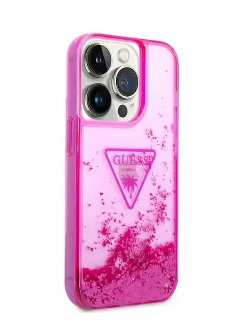 GUESS iPhone 15 Pro Liquid Glitter Case with Triangle Translucent Logo Guess - Fuchsia - Image 2