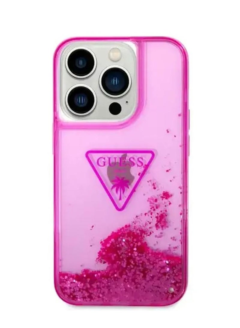 GUESS iPhone 15 Pro Liquid Glitter Case with Triangle Translucent Logo Guess - Fuchsia - Image 1
