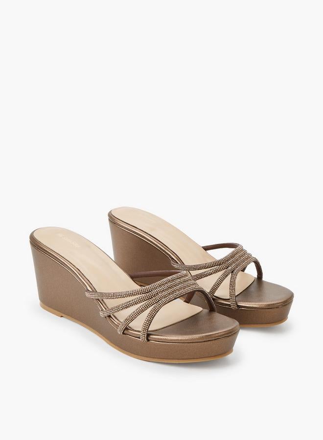 Surestep Women Metallic Wedge Heel Sandals With Embellished Straps - Image 1