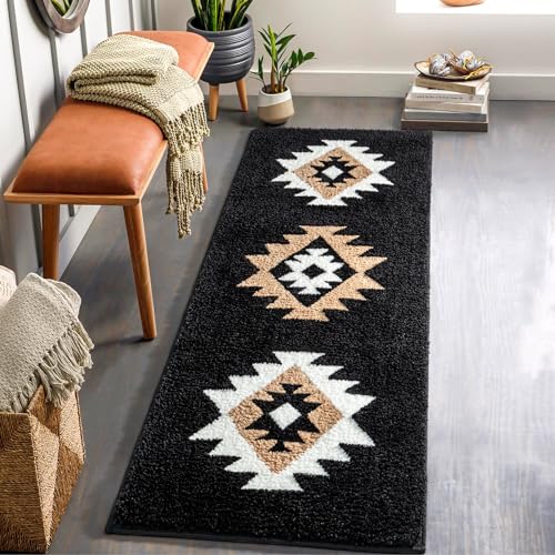 DEXDE Bathroom Runner Rug 24x60 Inch, Boho Long Bath Mat Rug for Bathroom Bedroom Hallway Kitchen Luxury Soft Absorbent Large Modern Geometric Carpet Western Farmhouse Carpet, Black - Image 2