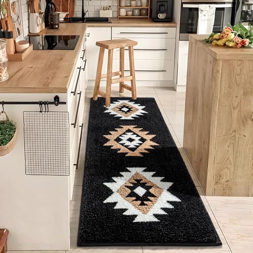 DEXDE Bathroom Runner Rug 24x60 Inch, Boho Long Bath Mat Rug for Bathroom Bedroom Hallway Kitchen Luxury Soft Absorbent Large Modern Geometric Carpet Western Farmhouse Carpet, Black - Image 1