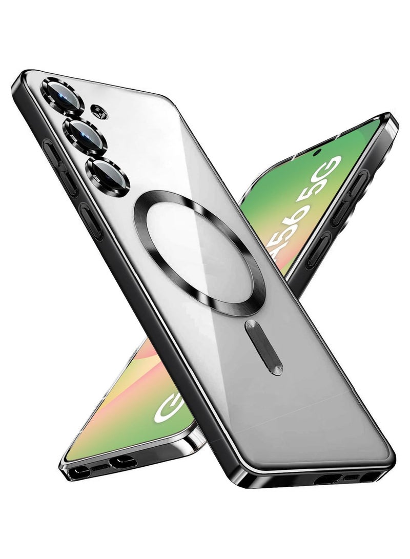 جراب مغناطيسي شفاف لهاتف Samsung Galaxy A56 مع واقي لعدسة الكاميرا متوافق مع Magsafe، جراب هاتف ناعم مطلي بالكهرباء مقاوم للصدمات ومضاد للخدش لهاتف Galaxy A56 (أسود) - Image 1