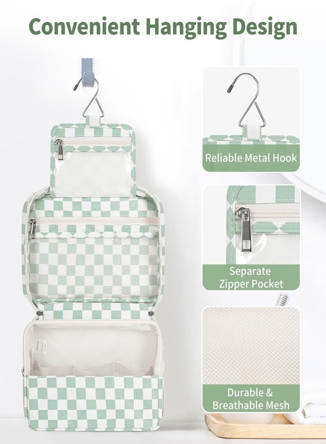 Narwey Small Hanging Travel Toiletry Bag for Women, Travel Bag for Toiletries, Checkered Makeup Bag Organizer Cosmetic Bags Make Up Bags for Girls (Mint Green Checkerboard) - Image 2