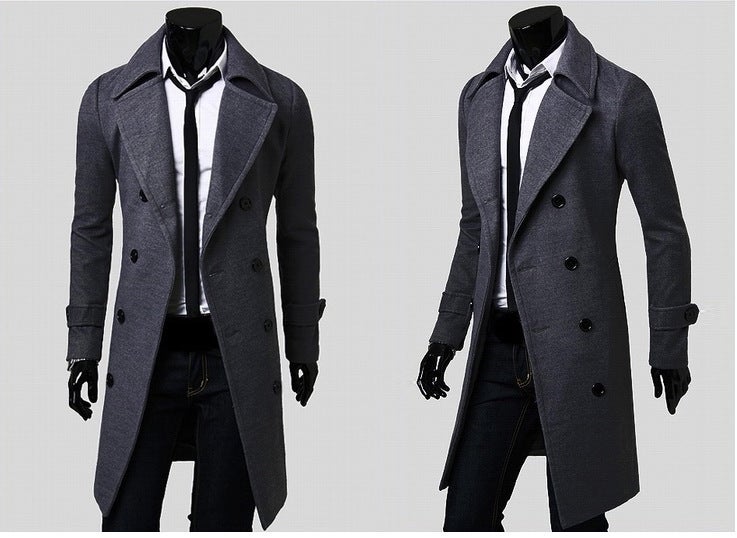 Autumn and Winter Long Double-breasted Windbreaker Men's Wool Coat Slim Fit Wool Coat Men