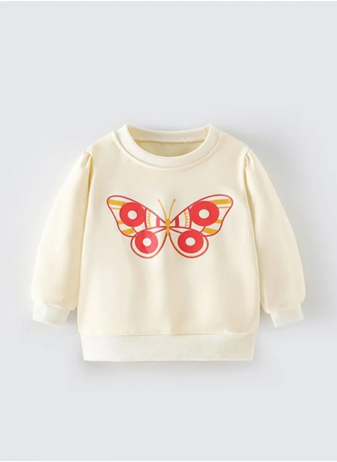 يونيكي Cream Printed Long Sleeve Crew Neck T-Shirt