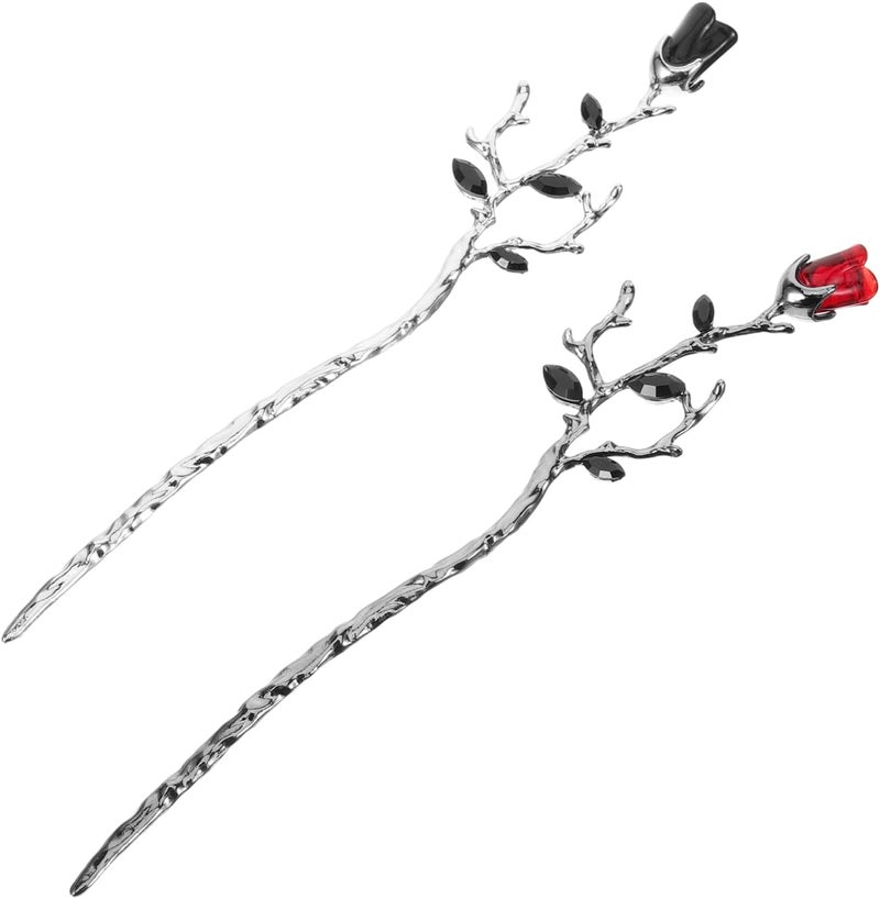 minkissy 2pcs Chinese Flower Hairpin Rose Flower Hair Sticks Chinese Hair Sticks for Buns Retro Hair Chopstick Bun Hair Holder Silver Black