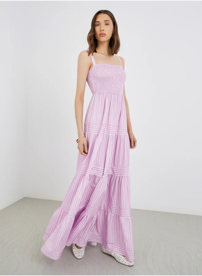 Take Two Take Two Striped Smocking Detail Strappy Tiered Maxi Dress