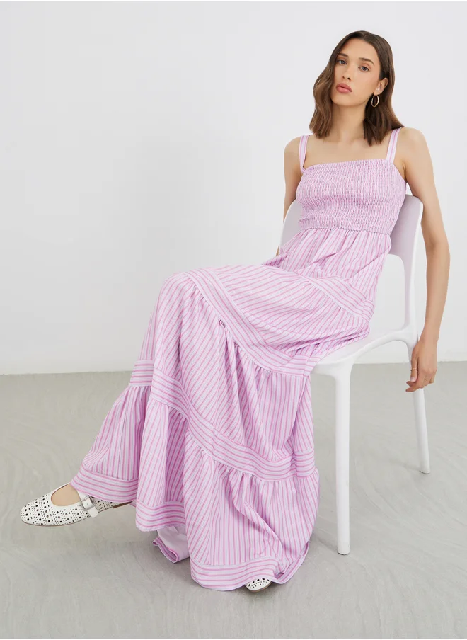 Take Two Take Two Striped Smocking Detail Strappy Tiered Maxi Dress