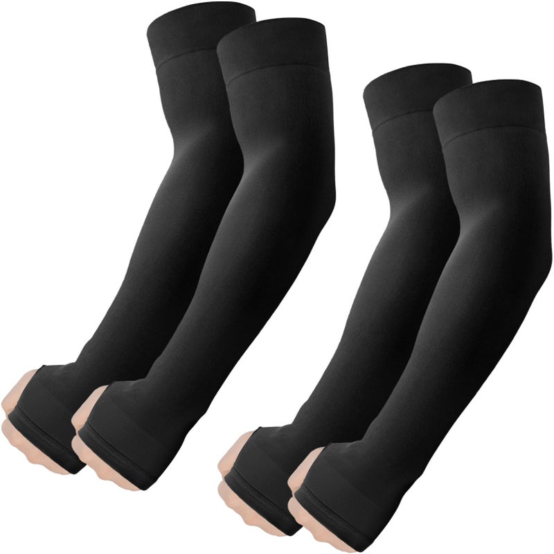 ROXUN 2 Pairs Arm Sleeves with Thumb Hole, Cooling UV Protection Compression Tattoo Cover Up for Men/Women 2 Black - Image 1