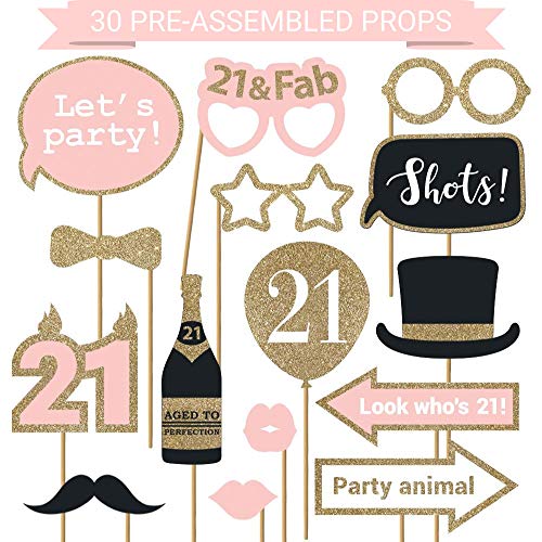 Fully Assembled 21st Birthday Photo Booth Props  Set of 30  Pink  Gold Selfie Signs  21st Party Supplies  Decorations  Cute Bday Designs with Real Glitter  Did We Mention No DIY