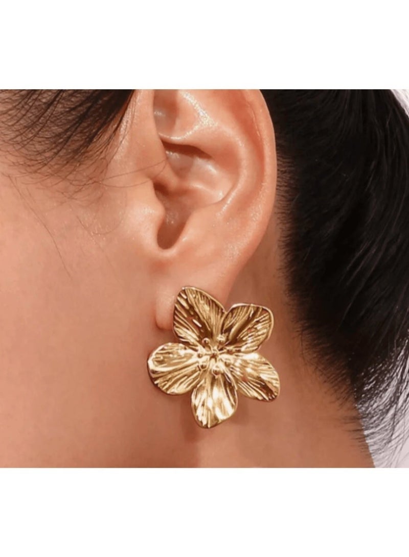 Shein 1 Pair Fashion Minimalist Exaggerated Vintage Big Flower Petal Design Statement Stud Earrings - Image 2