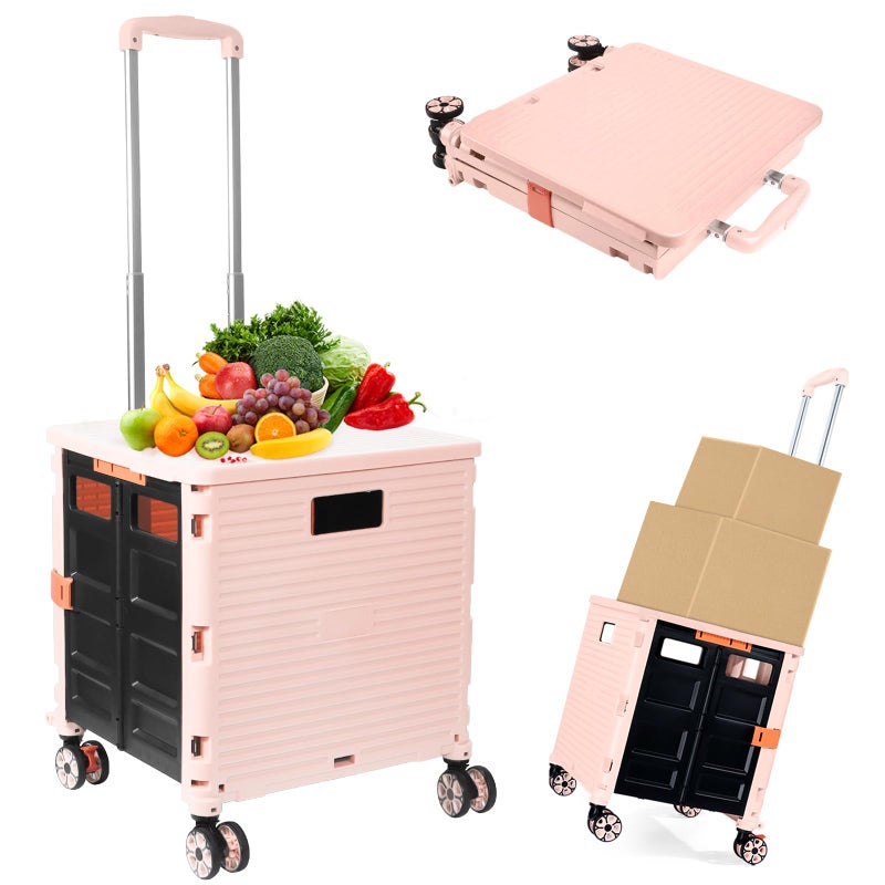 Foldable Utility Cart Folding Portable Rolling Crate Handcart Shopping Trolley Wheel Box with Lid WearResistant Noiseless 360Rotate Wheel for Travel Shopping Moving Storage Office Pink