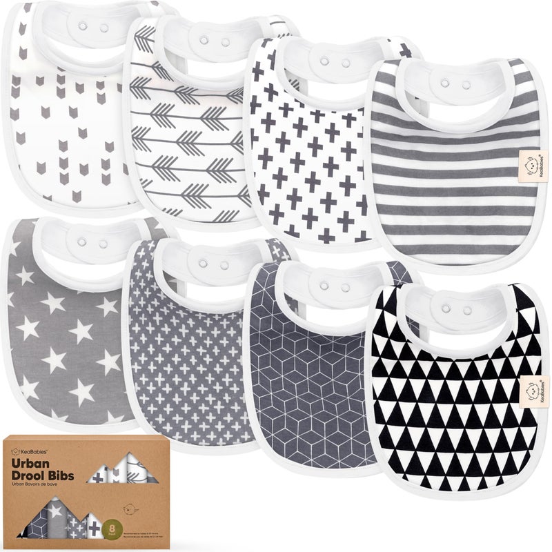 KeaBabies 8-Pack Organic Baby Bibs for Boys, Girls - Soft Cotton Drooling and Teething Baby Bibs, Baby Girl Bibs, Baby Boy Bibs, Baby Drool Bibs for Baby Girl, Boy, Newborn Infant Bibs (Grayscale)  - Image 1