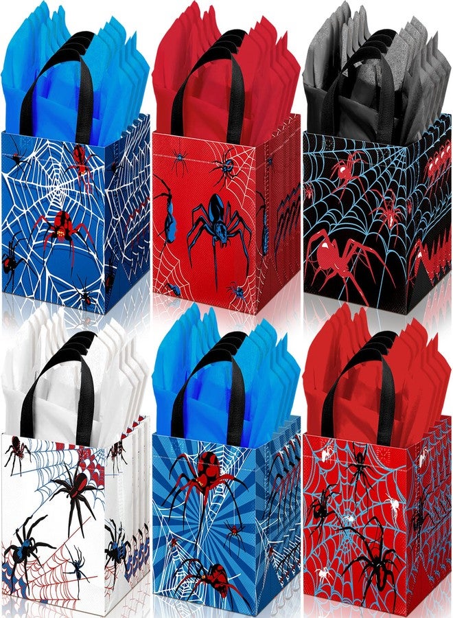 GliCraft 24 Pcs Spider Gift Bags with Tissue Paper Reusable Spider Party Favors Bags with Handle Spider Birthday Party Decorations Double Sided Spider Printed Goodie Candy Bags for Spider Party Favor - Image 1
