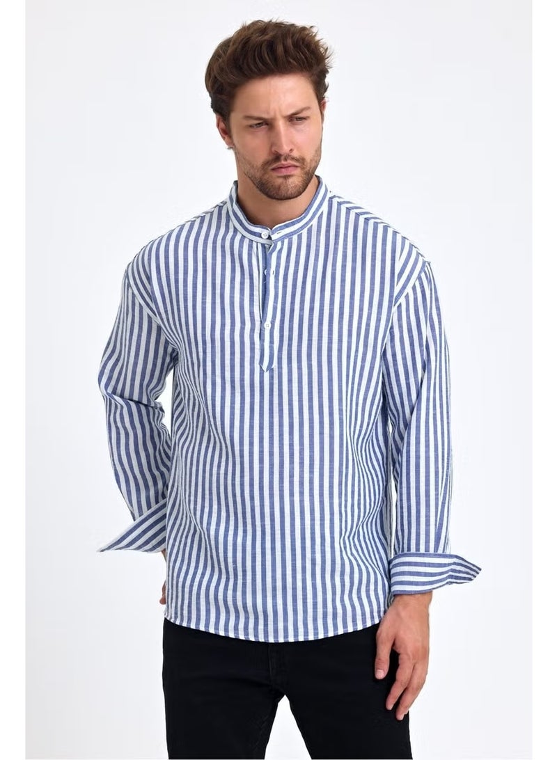 Cool Tarz Cool Style Striped Mandarin Collar Linen Three Button Men's Shirt - Image 2