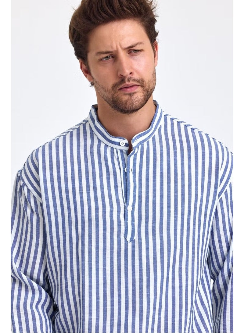 Cool Tarz Cool Style Striped Mandarin Collar Linen Three Button Men's Shirt - Image 1