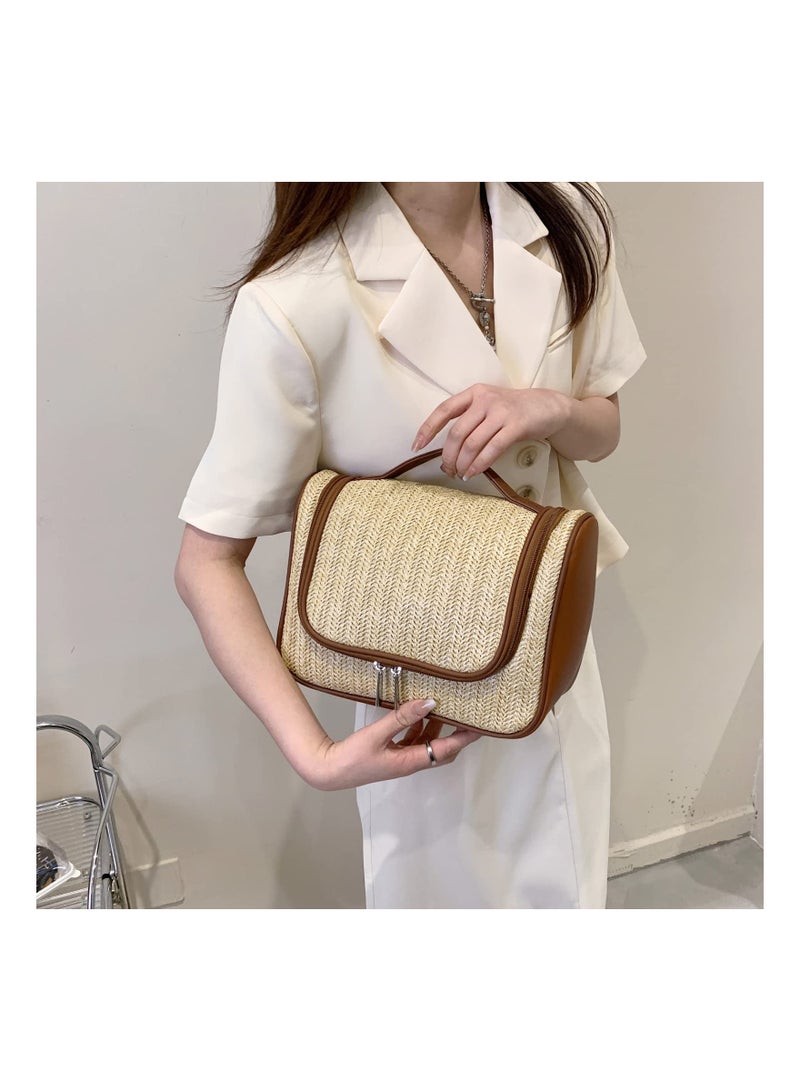 Zikra Suntown Straw Weaving handbag, Travel Toiletry Bag, Cosmetic Bag For Women Large Makeup Bag Organizer, Hand-Portable Makeup Bag, Size of 27x12x20Cm Khaki - Image 2