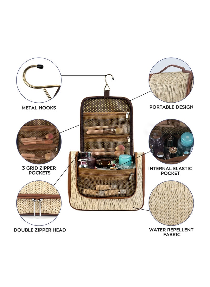 Zikra Suntown Straw Weaving handbag, Travel Toiletry Bag, Cosmetic Bag For Women Large Makeup Bag Organizer, Hand-Portable Makeup Bag, Size of 27x12x20Cm Khaki - Image 5
