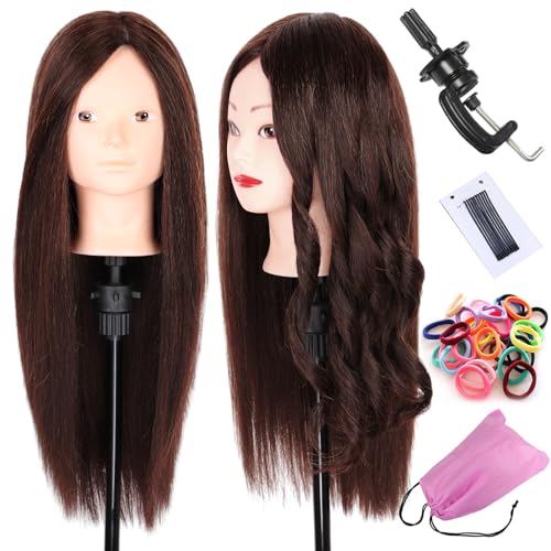 Leeven 20 Inch 60% Human Hair Training Practice Head Styling Cutting Mannequin Manikin Head with Free Clamp Holder Brown Hair Makeup Practice head - Image 1