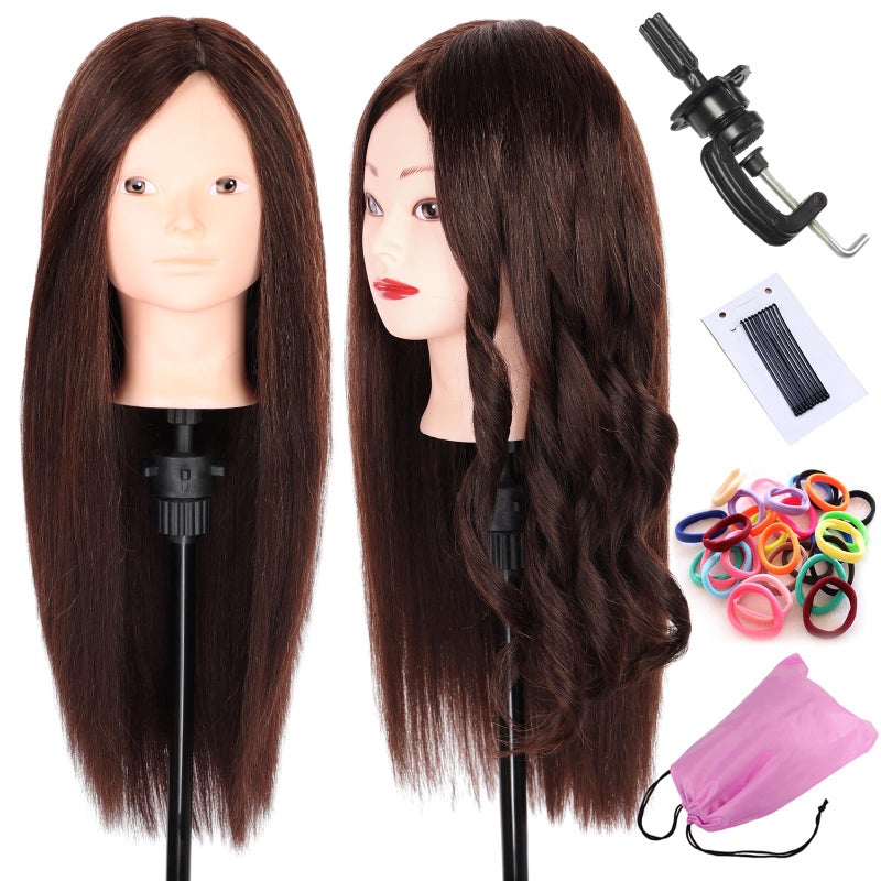 Leeven 20 Inch 60% Human Hair Training Practice Head Styling Cutting Mannequin Manikin Head with Free Clamp Holder Brown Hair Makeup Practice head - Image 3