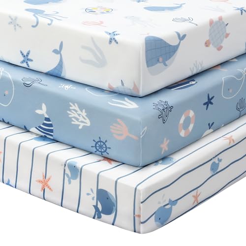FIEMOL Baby Mini Crib Sheets Boy Portable 38x26 Pack and Play Sheets Fitted for Playard and Pack N Play Mattress 3Pack Soft Microfiber Blue Ocean Whale - Image 1