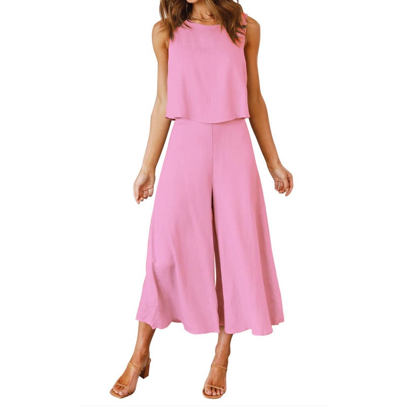2023 European and American new TEMU womens summer 2-piece clothing round neck top short solid color wide leg pants set Peach