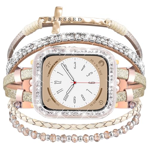 Fancywrist Boho Bracelet & Case Compatible with Apple Watch Band 40mm 44mm 45mm 46mm 41mm 38mm 42mm(S11 S10) Women, Dressy beaded Handmade Leather Strap for iWatch Series11 10 9 8 7 6 5 4 3 2 1 SE - Image 1
