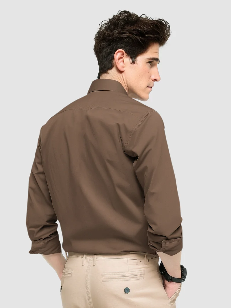 بيونغ قميص قطني سادة بني قهوي