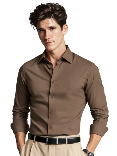 بيونغ قميص قطني سادة بني قهوي