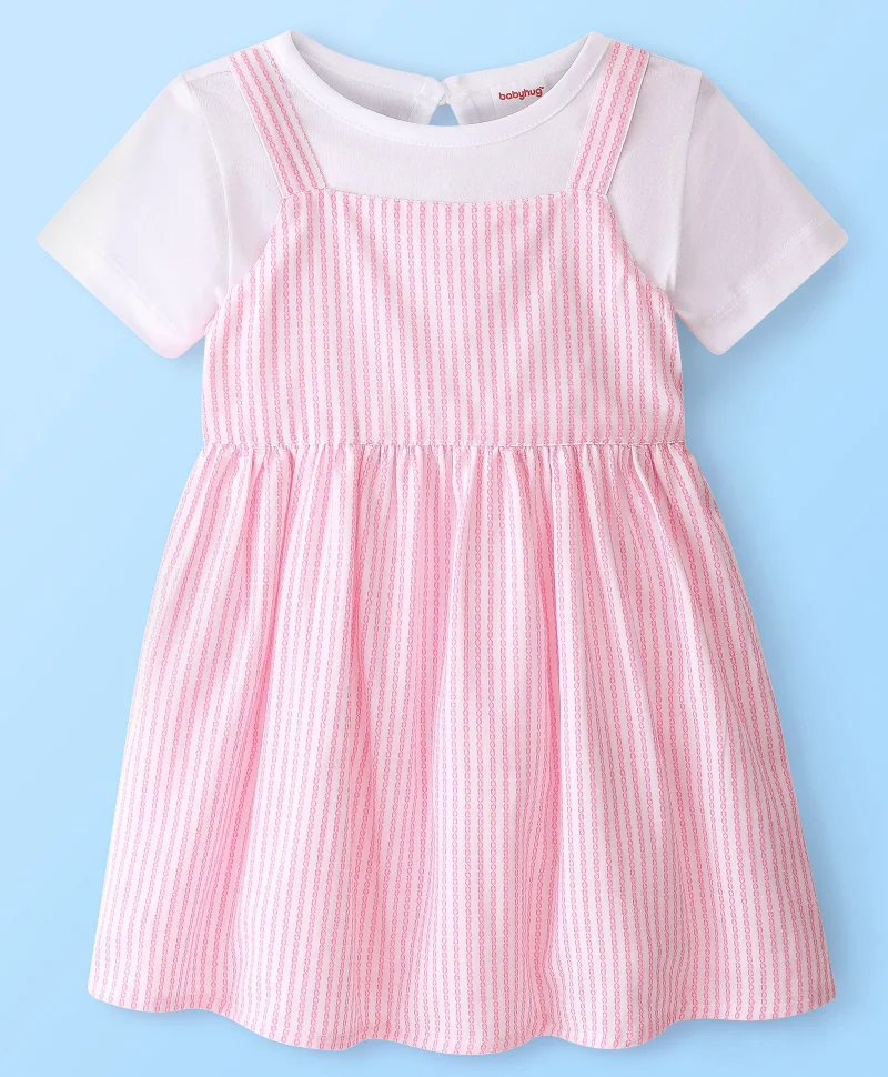 babyhug Babyhug Woven Yarn Dyed Striped Singlet Frock with Half Sleeves Knitted Inner Tee - Pink & White
