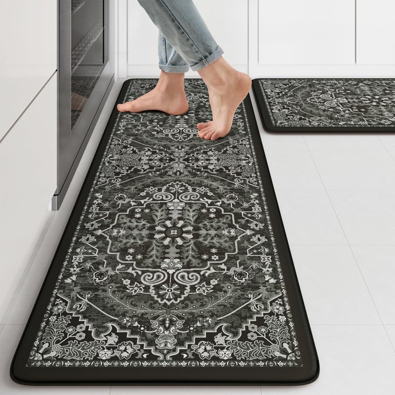 KIMODE Kitchen Mats Cushioned Anti Fatigue, Boho Vintage Kitchen Rugs Sets of 2, Non Slip Kitchen Mats for Floor, Memory Foam Kitchen Floor Mat for Sink Laundry Desk Black Multi 17"x47"+17"x29" - Image 1