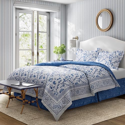 Laura Ashley - Queen Comforter Set, Soft & Reversible Cotton Bedding, Medium Weight for Year Round Comfort, 4 Piece Bed Set with Matching Pillowcases & Bonus Bed Skirt (Charlotte Blue) - Image 1