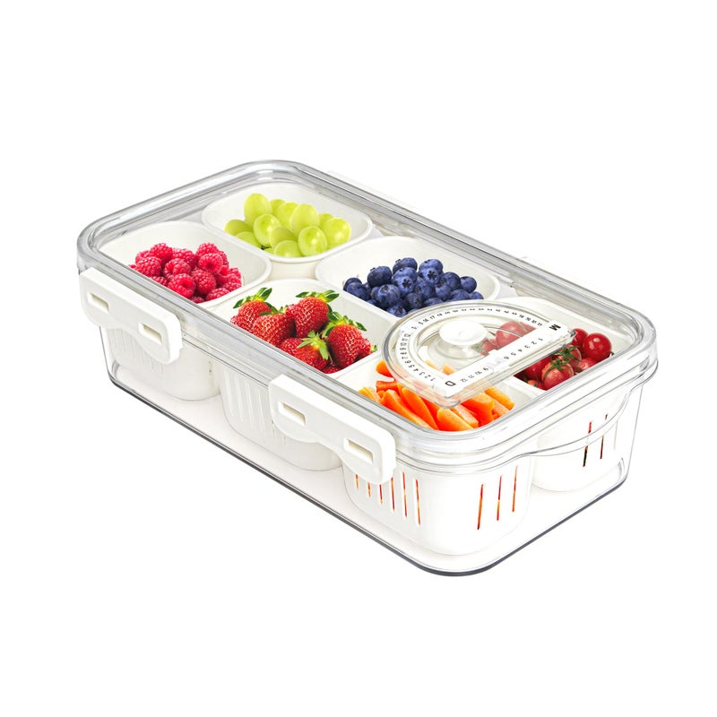 MineSign Divided Food Serving Tray with Lids Stackable Snackle Box for Candy Nuts Spice FruitVeggie Container with 6 Small Dividers Plastic Storage Bins for Fridge Pantry Freezer