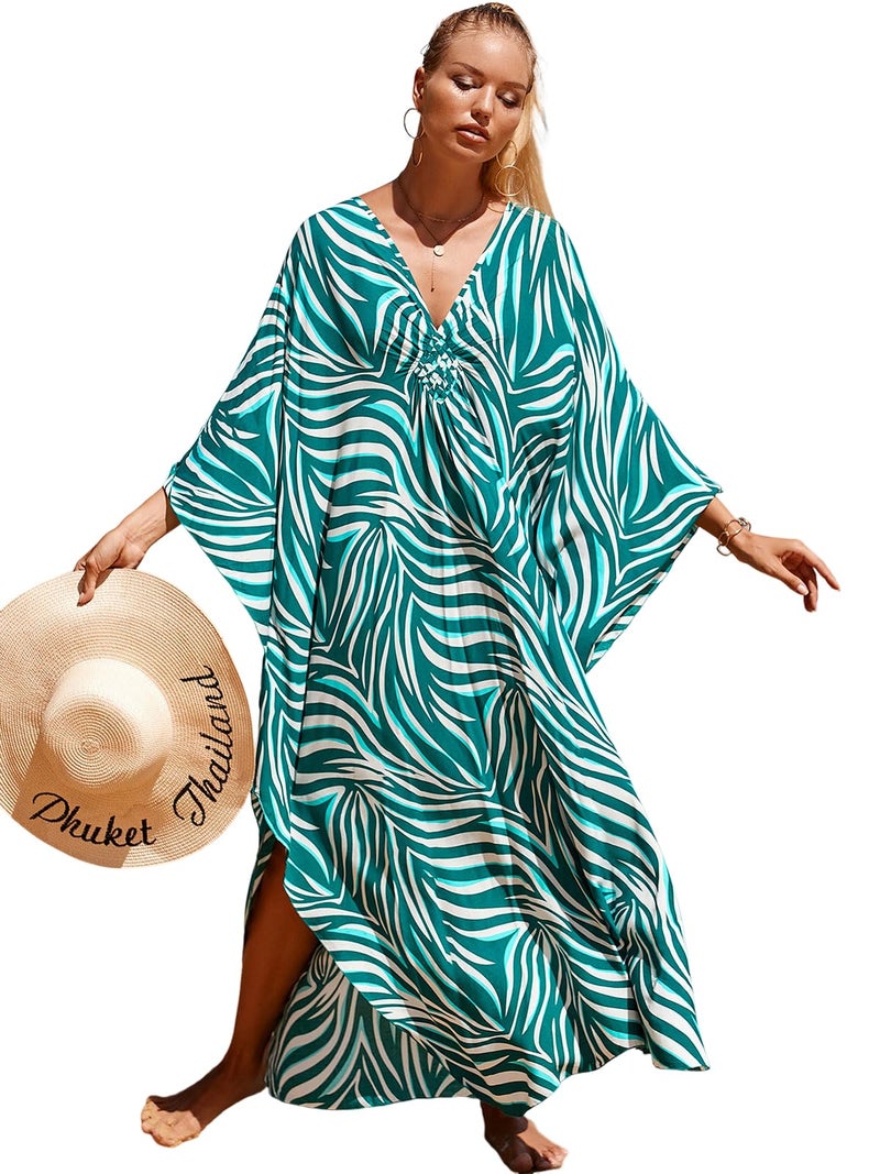 IMAGEKOPE Women's Plus Size Animal Print V-Neck Batwing Kaftan Beach Dress Bathing Suit Cover-Up Loungewear - Image 1
