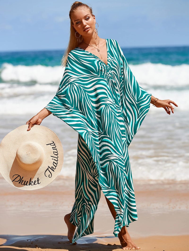 IMAGEKOPE Women's Plus Size Animal Print V-Neck Batwing Kaftan Beach Dress Bathing Suit Cover-Up Loungewear - Image 3