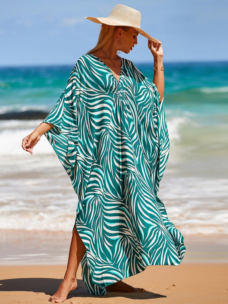 IMAGEKOPE Women's Plus Size Animal Print V-Neck Batwing Kaftan Beach Dress Bathing Suit Cover-Up Loungewear - Image 4
