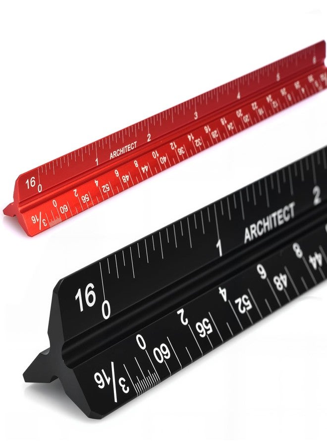 Allwin 6 Inch Architectural Scale Ruler, Laser-Etched Aluminum Triangular Ruler Set (Red & Black) - Imperial Scale for Architects, Engineers, Students & Draftsmen - 2-Pack - Image 1