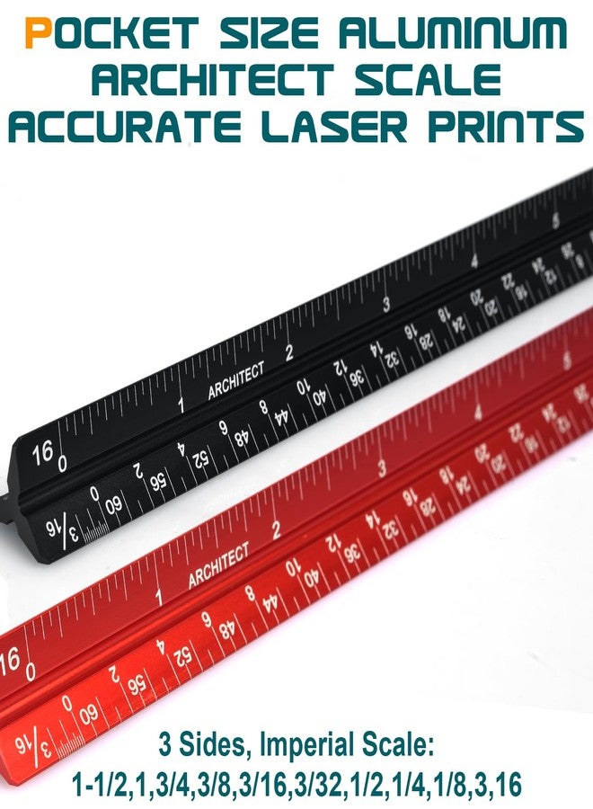 Allwin 6 Inch Architectural Scale Ruler, Laser-Etched Aluminum Triangular Ruler Set (Red & Black) - Imperial Scale for Architects, Engineers, Students & Draftsmen - 2-Pack - Image 2