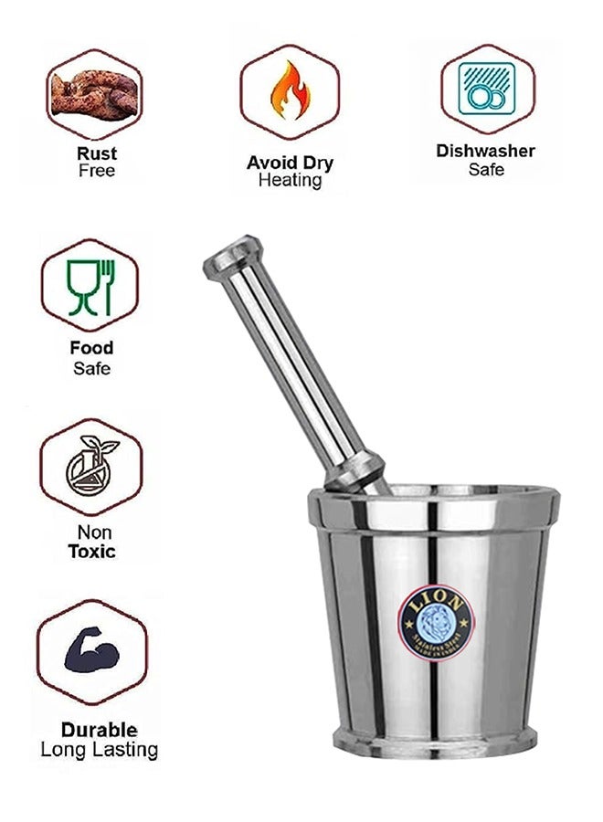 Lion Premium Stainless Steel Mortar & Pestle (Khalbatta) – 9 cm Diameter Mortar with 18 cm Pestle, Rust-Proof & Chemical-Free, Heavy-Duty Design for Effortless Herb and Spice Crushing, Durable and Long-Lasting Kitchen Essential - Image 4