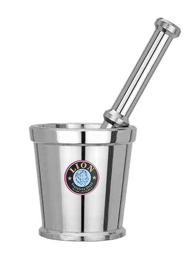 Lion Premium Stainless Steel Mortar & Pestle (Khalbatta) – 9 cm Diameter Mortar with 18 cm Pestle, Rust-Proof & Chemical-Free, Heavy-Duty Design for Effortless Herb and Spice Crushing, Durable and Long-Lasting Kitchen Essential - Image 1