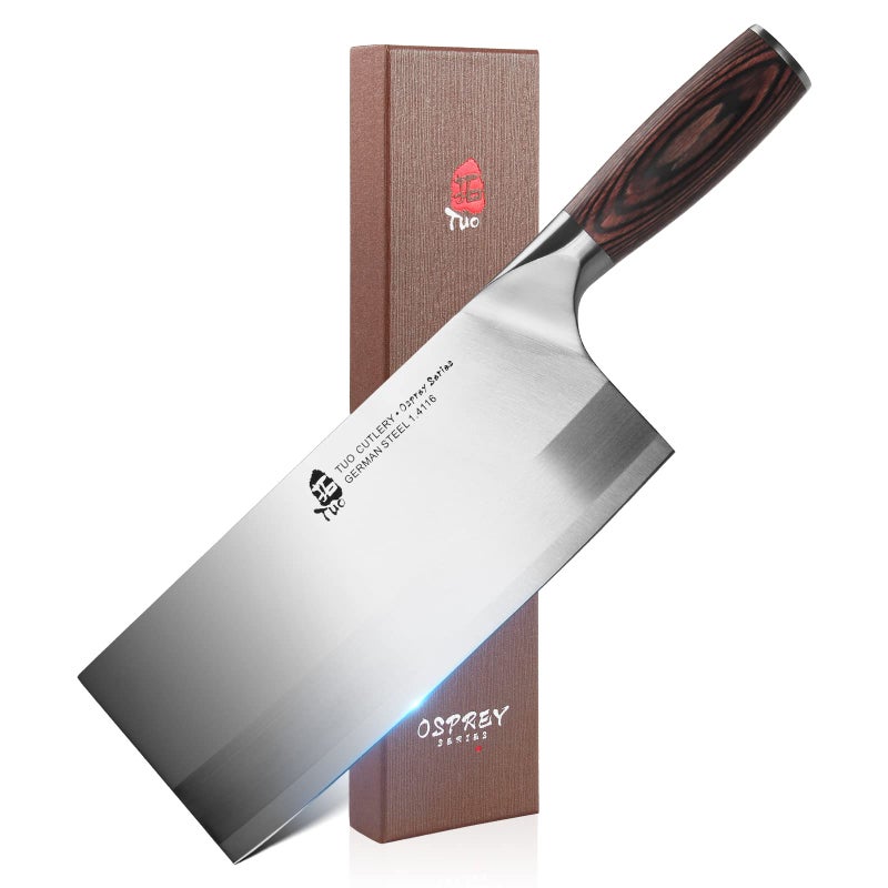 TUO Vegetable Meat Cleaver Knife 8 inch  Professional Chinese Cleaver Knife Butcher Knives Kitchen Chef Knives  German HC Stainless Steel  Ergonomic Pakkawood Handle  Osprey Series with Gift Box